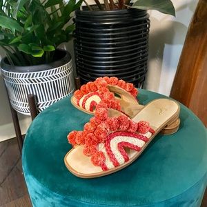 Joie Paden red pom pom wicker sandals slides